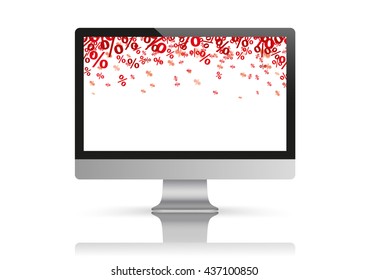 Personal computer monitor with red percents on the white background. Eps 10 vector file. 