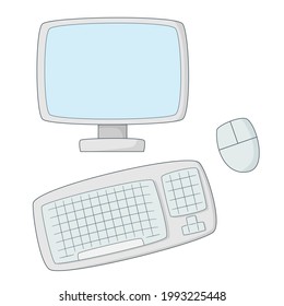 Personal computer. Monitor, wireless mouse and keyboard.Colored isolated illustrations in cartoon style with an outline on a white.