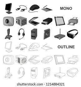 Personal computer monochrom icons in set collection for design. Equipment and accessories vector symbol stock web illustration.