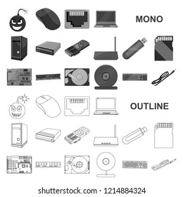 Personal computer monochrom icons in set collection for design. Equipment and accessories vector symbol stock web illustration.