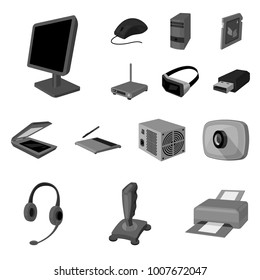 Personal computer monochrome icons in set collection for design. Equipment and accessories vector symbol stock web illustration.
