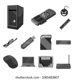 Personal computer monochrome icons in set collection for design. Equipment and accessories vector symbol stock web illustration.