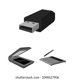 Personal computer monochrome icons in set collection for design. Equipment and accessories vector symbol stock web illustration.
