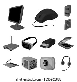 Personal computer monochrome icons in set collection for design. Equipment and accessories vector symbol stock web illustration.
