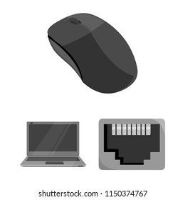 Personal computer monochrome icons in set collection for design. Equipment and accessories vector symbol stock web illustration.