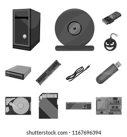 Personal computer monochrome icons in set collection for design. Equipment and accessories vector symbol stock web illustration.