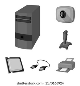 Personal computer monochrome icons in set collection for design. Equipment and accessories vector symbol stock web illustration.