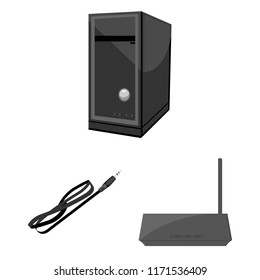 Personal computer monochrome icons in set collection for design. Equipment and accessories vector symbol stock web illustration.