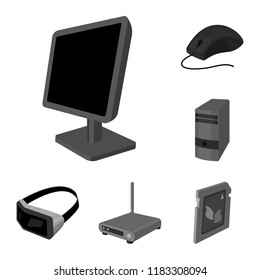 Personal computer monochrome icons in set collection for design. Equipment and accessories vector symbol stock web illustration.