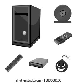 Personal computer monochrome icons in set collection for design. Equipment and accessories vector symbol stock web illustration.