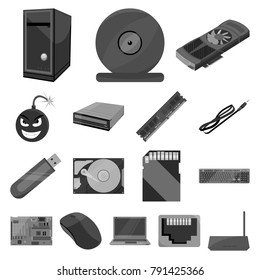 Personal computer monochrome icons in set collection for design. Equipment and accessories vector symbol stock web illustration.