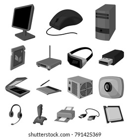 Personal computer monochrome icons in set collection for design. Equipment and accessories vector symbol stock web illustration.