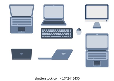Ordenador personal, ratón, teclado, Laptop. Ilustración de diseño de vectores en estilo plano.