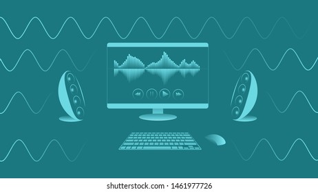 Personal computer with musical player and speakers. Icons computer, monitor, speakers, keyboard, mouse. Vector illustration.