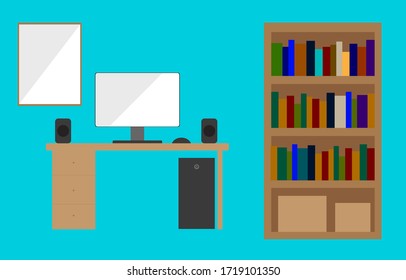 Personal computer on the desk and book on bookshelf. cartoon interiors vector concept. workspace for work from home