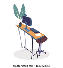 Personal computer on table vector. Laptop with keyboard to work online via internet. Digital device and paper document on desk. Freelance or office job. Furniture at workplace, table, chair and plant