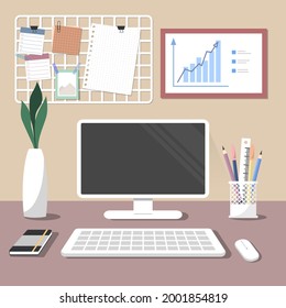 personal computer on wall background with office object. flat vector, illustration design of work space. 