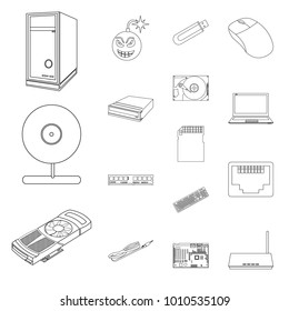 Personal computer outline icons in set collection for design. Equipment and accessories vector symbol stock web illustration.