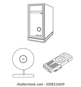 Personal computer outline icons in set collection for design. Equipment and accessories vector symbol stock web illustration.