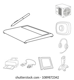 Personal computer outline icons in set collection for design. Equipment and accessories vector symbol stock web illustration.