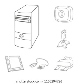 Personal computer outline icons in set collection for design. Equipment and accessories vector symbol stock web illustration.