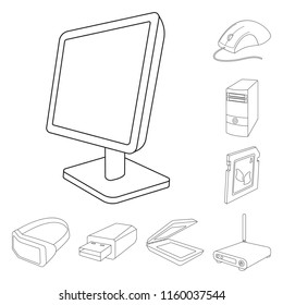 Personal computer outline icons in set collection for design. Equipment and accessories vector symbol stock web illustration.