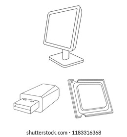 Personal computer outline icons in set collection for design. Equipment and accessories vector symbol stock web illustration.