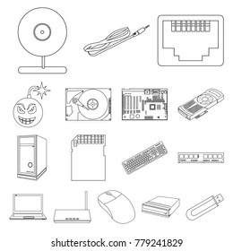 Personal computer outline icons in set collection for design. Equipment and accessories vector symbol stock web illustration.