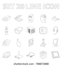 Personal computer outline icons in set collection for design. Equipment and accessories vector symbol stock web illustration.