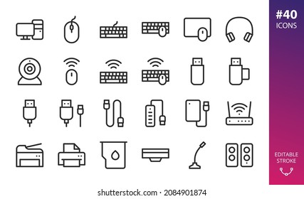Personal computer (PC) accessories and gadgets isolated icons set