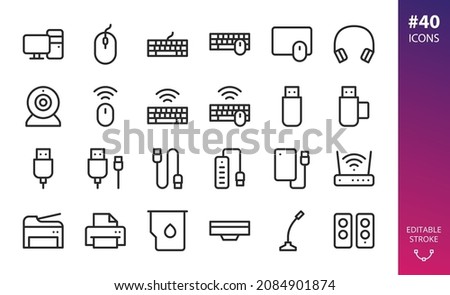 Personal computer (PC) accessories and gadgets isolated icons set