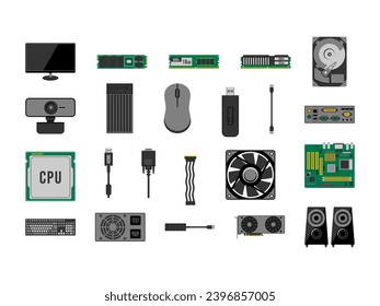 Personal Computer PC components. Vector Illustration Collection Computer parts. Motherboard, CPU, GPU, SSD, and Memory Modules, and Power Supply.