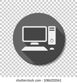 Personal computer, pc. System unit, monitor, keyboard and mouse. White flat icon with long shadow in circle on transparent background. Badge or sticker style