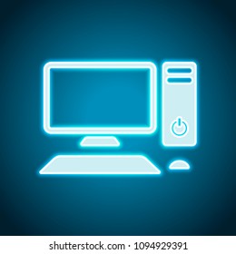 Personal computer, pc. System unit, monitor, keyboard and mouse. Neon style. Light decoration icon. Bright electric symbol