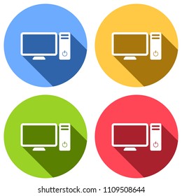 Personal computer, pc. System unit and monitor. Set of white icons with long shadow on blue, orange, green and red colored circles. Sticker style