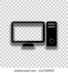 Personal computer, pc. System unit and monitor. Black glass icon with soft shadow on transparent background