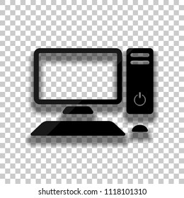 Personal computer, pc. System unit, monitor, keyboard and mouse. Black glass icon with soft shadow on transparent background