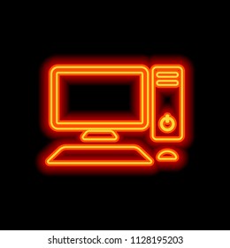 Personal computer, pc. System unit, monitor, keyboard and mouse. Orange neon style on black background. Light icon