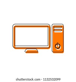 Personal computer, pc. System unit and monitor. Isolated icon consisting of black thin contour and orange moved filling on different layers. White background