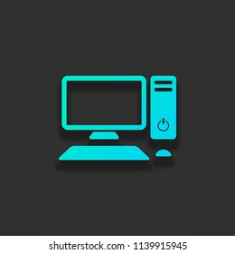 Personal computer, pc. System unit, monitor, keyboard and mouse. Colorful logo concept with soft shadow on dark background. Icon color of azure ocean