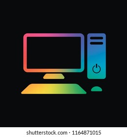 Personal computer, pc. System unit, monitor, keyboard and mouse. Rainbow color and dark background