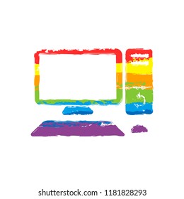 Personal computer, pc. System unit, monitor, keyboard and mouse. Drawing sign with LGBT style, seven colors of rainbow (red, orange, yellow, green, blue, indigo, violet