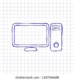 Personal computer, pc. System unit and monitor. Hand drawn picture on paper sheet. Blue ink, outline sketch style. Doodle on checkered background