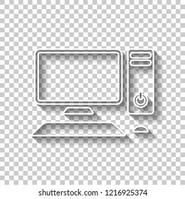 Personal computer, pc. System unit, monitor, keyboard and mouse. White outline sign with shadow on transparent background