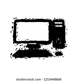 Personal computer, pc. System unit, monitor, keyboard and mouse. Black ink with splashes on white background