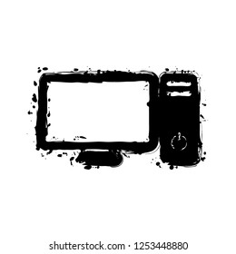 Personal computer, pc. System unit and monitor. Black ink with splashes on white background