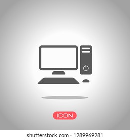 Personal computer, pc. System unit, monitor, keyboard and mouse. Icon under spotlight. Gray background