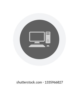 Personal computer, pc. System unit, monitor, keyboard and mouse. Icon in colored circle with gray bold border. Web button, modern flat design