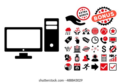 Personal Computer pictograph with bonus pictograph collection. Vector illustration style is flat iconic bicolor symbols, intensive red and black colors, white background.
