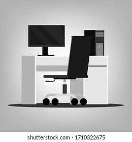 Personal computer placed on a desk with a chair 